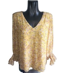 1 State Floral Yellow Long Sleeve V Neck  Blouse L